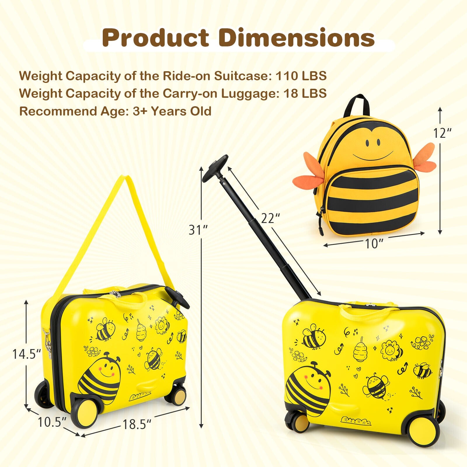 2 Pieces 18 inch Ride-On Kids Luggage Set with Spinner Wheels and Bee Pattern-yellow | Costway