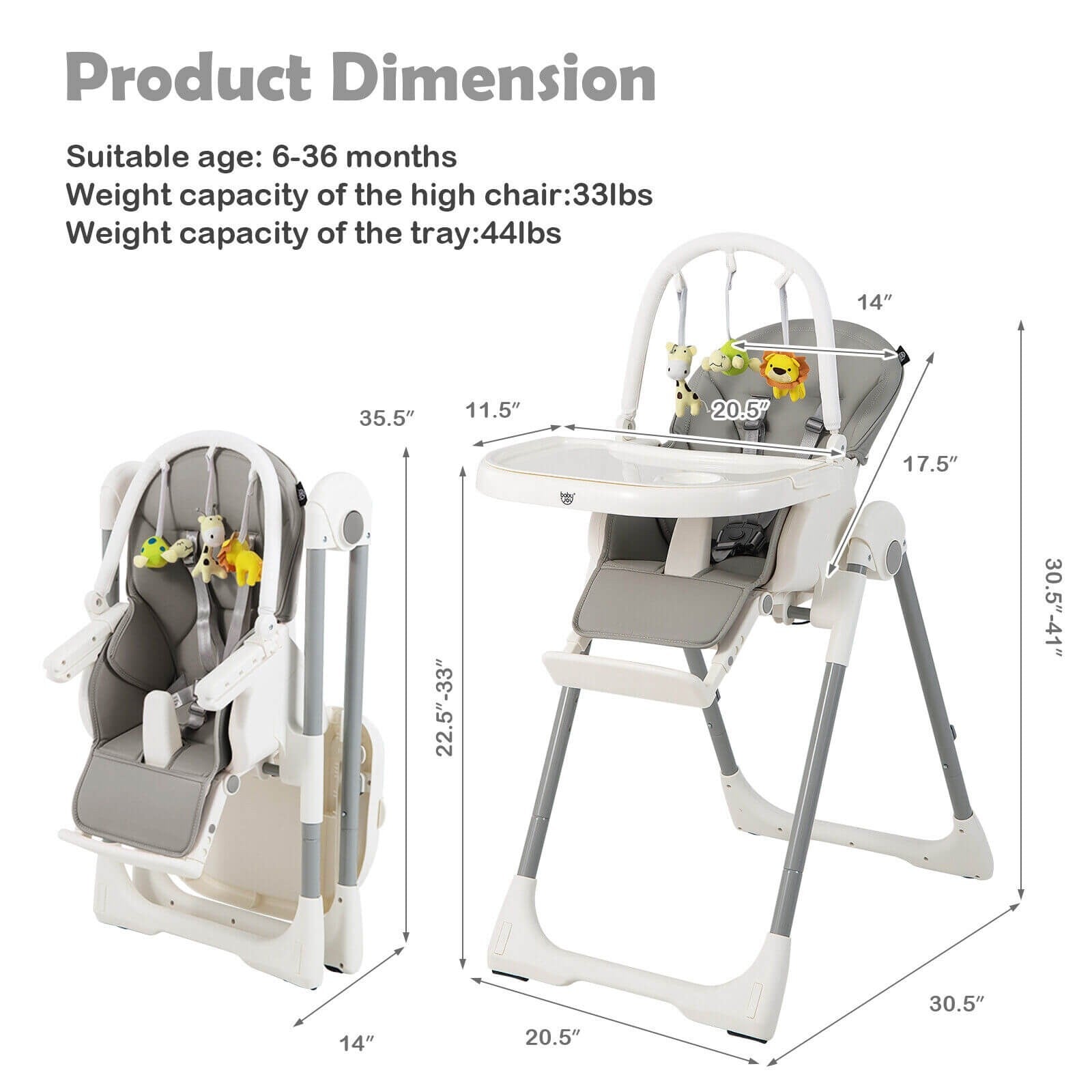 4 in 1 Foldable Baby High Chair with 7 Adjustable Heights and Free